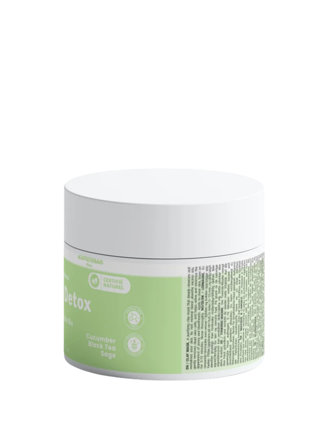 Détail du pot Pore Detox n°03 de Luminesse Paris, masque purifiant pour le visage à l’argile. Le visuel met en avant le packaging du soin et sa certification COSMOS Natural. Image produit dédiée à la présentation du masque Pore Detox pour les peaux sujettes aux pores visibles et à l’excès de sébum.