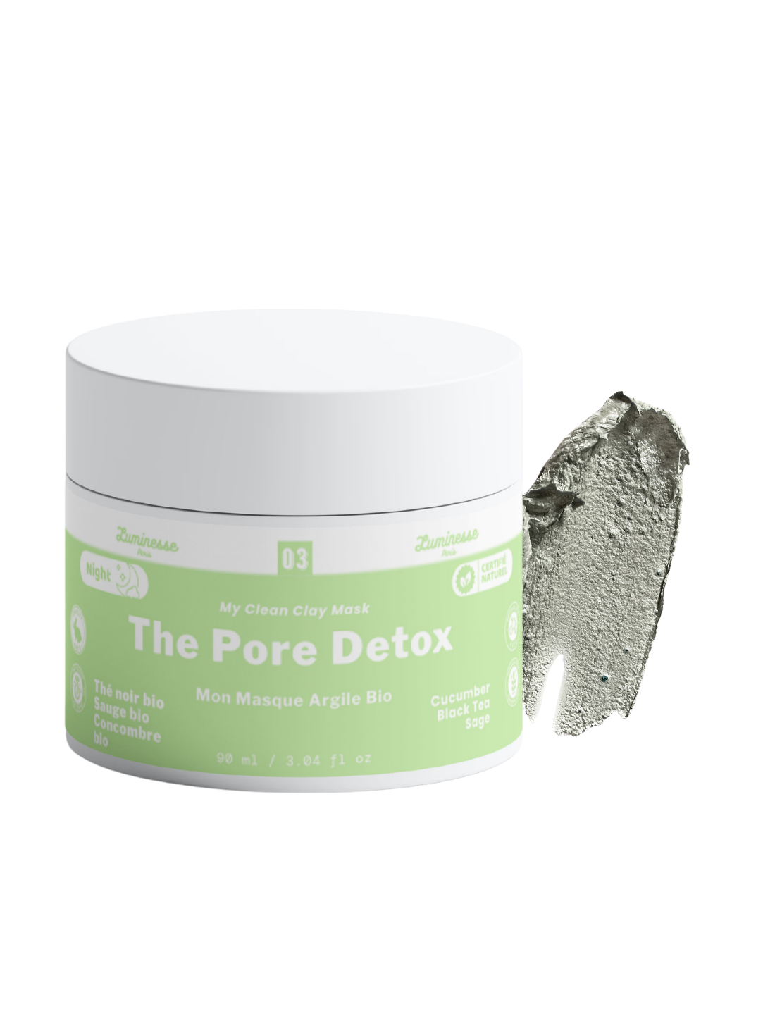 Vue arrière du pot Pore Detox de Luminesse Paris, masque purifiant pour le visage à l’argile. Le visuel présente le packaging arrière du soin avec ses informations produit. Pore Detox est destiné aux peaux sujettes aux pores visibles, à l’excès de sébum, aux points noirs et aux imperfections.