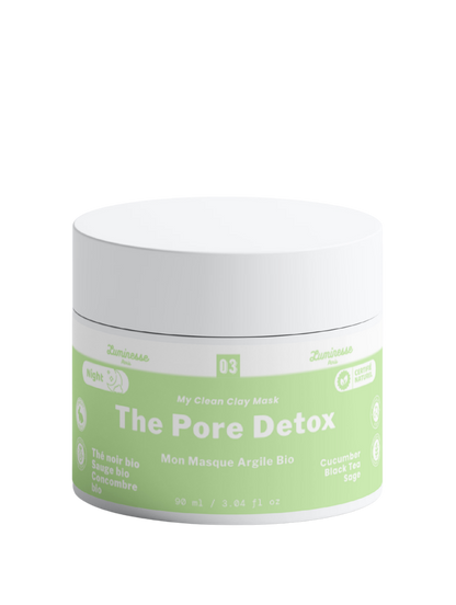 Packshot de face de Pore Detox n°03 de Luminesse Paris, masque purifiant pour le visage à l’argile. Le pot de 90 ml est présenté seul pour identifier clairement le soin. Visuel produit principal destiné à illustrer Pore Detox, un masque pour les peaux sujettes aux pores visibles et à l’excès de sébum.