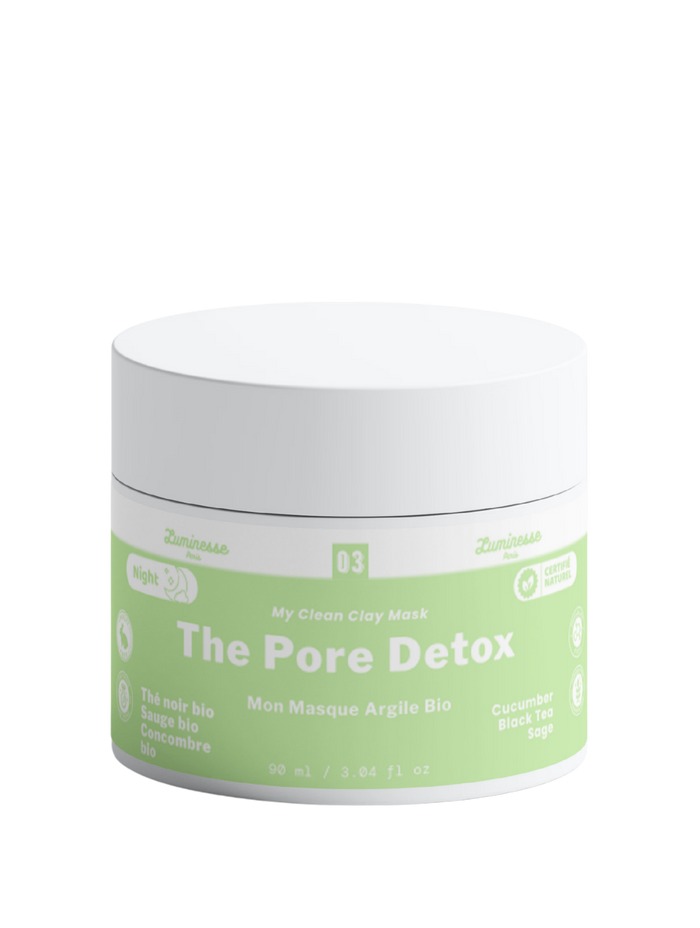 Packshot de face de Pore Detox n°03 de Luminesse Paris, masque purifiant pour le visage à l’argile. Le pot de 90 ml est présenté seul pour identifier clairement le soin. Visuel produit principal destiné à illustrer Pore Detox, un masque pour les peaux sujettes aux pores visibles et à l’excès de sébum.