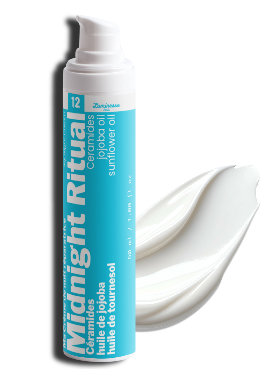 Visuel de présentation de Midnight Ritual de Luminesse Paris, crème de nuit riche pour le visage. L’image accompagne la fiche du soin et met en contexte sa formule avec céramides, glycosphingolipides, beurres de cacao et de karité, huiles de jojoba et de tournesol, Sodium PCA et acide hyaluronique.