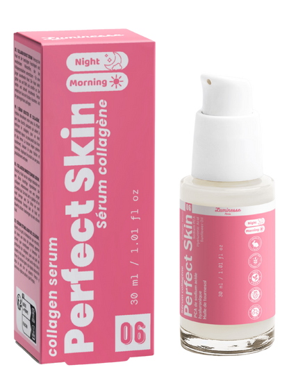 Packshot de Perfect Skin n°06 de Luminesse Paris avec son étui rose et son flacon pompe de 30 ml. La boîte et le flacon sont présentés côte à côte sur fond transparent ; le packaging indique « sérum collagène » et mentionne le PCA de sodium, l’acide hyaluronique, l’huile de tournesol ainsi que Morning et Night.