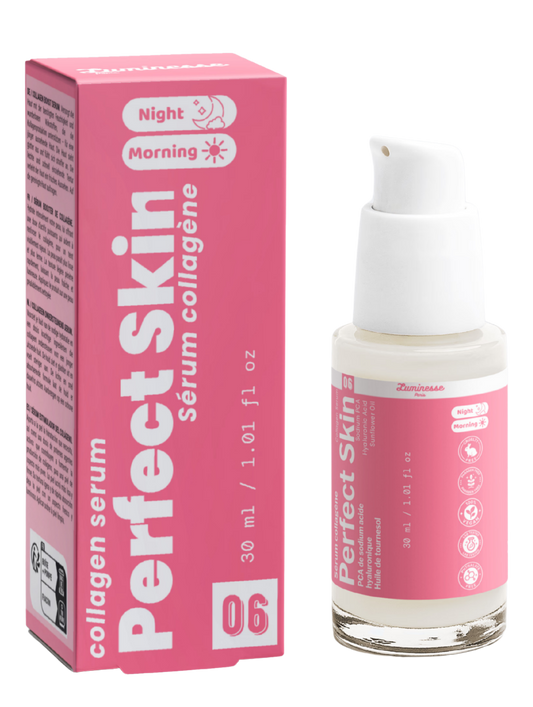 Packshot de Perfect Skin n°06 de Luminesse Paris avec son étui rose et son flacon pompe de 30 ml. La boîte et le flacon sont présentés côte à côte sur fond transparent ; le packaging indique « sérum collagène » et mentionne le PCA de sodium, l’acide hyaluronique, l’huile de tournesol ainsi que Morning et Night.