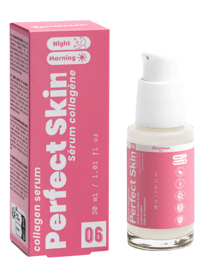 Packshot de Perfect Skin n°06 de Luminesse Paris avec son étui rose et son flacon pompe de 30 ml. La boîte et le flacon sont présentés côte à côte sur fond transparent ; le packaging indique « sérum collagène » et mentionne le PCA de sodium, l’acide hyaluronique, l’huile de tournesol ainsi que Morning et Night.