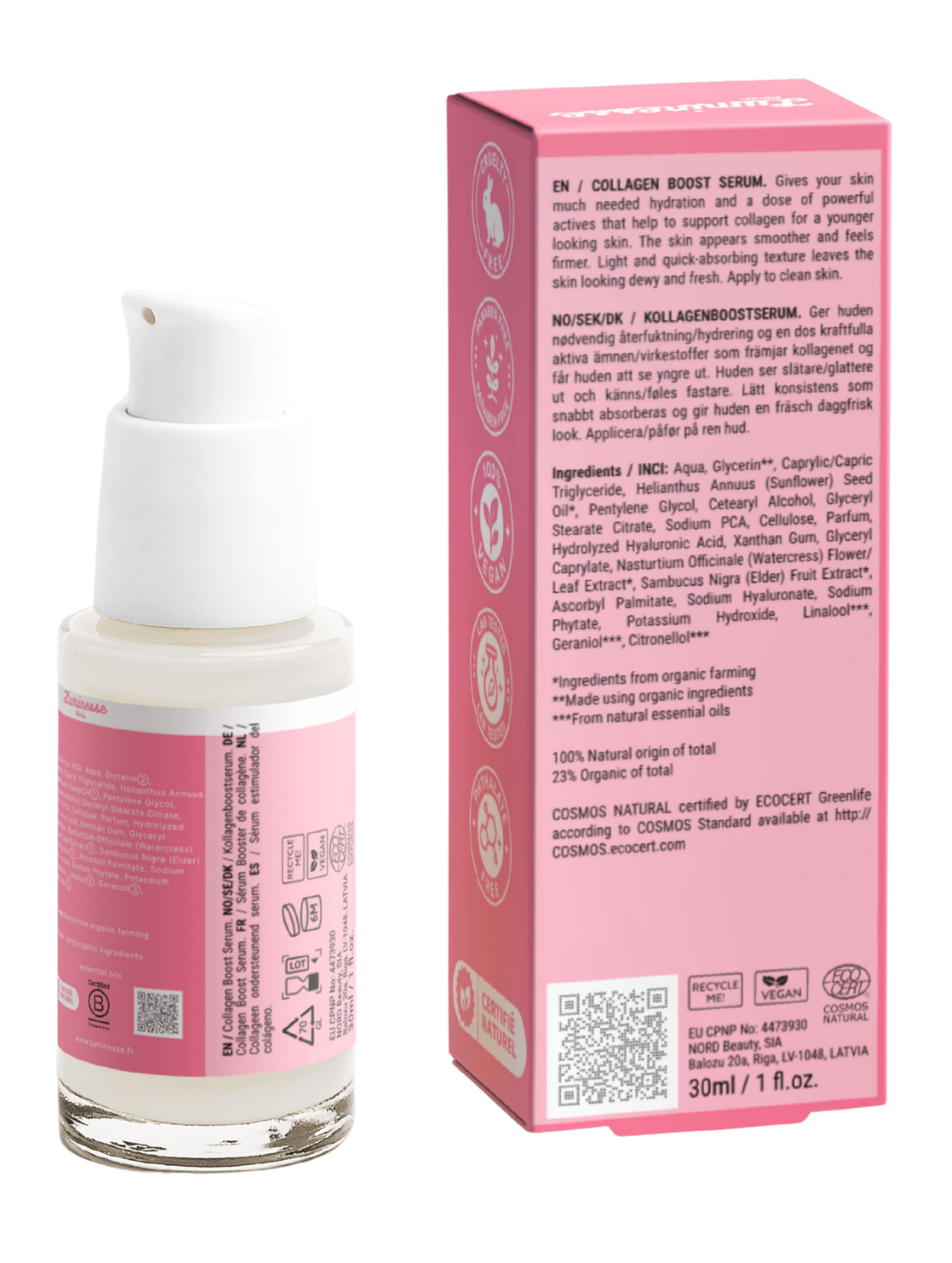 Vue arrière de Perfect Skin n°06 de Luminesse Paris avec son flacon pompe de 30 ml et son étui rose sur fond transparent. Le dos du packaging présente le « Collagen Boost Serum », la liste INCI avec notamment Sodium PCA, acide hyaluronique et huile de tournesol, ainsi que les pictogrammes Vegan et COSMOS Natural.