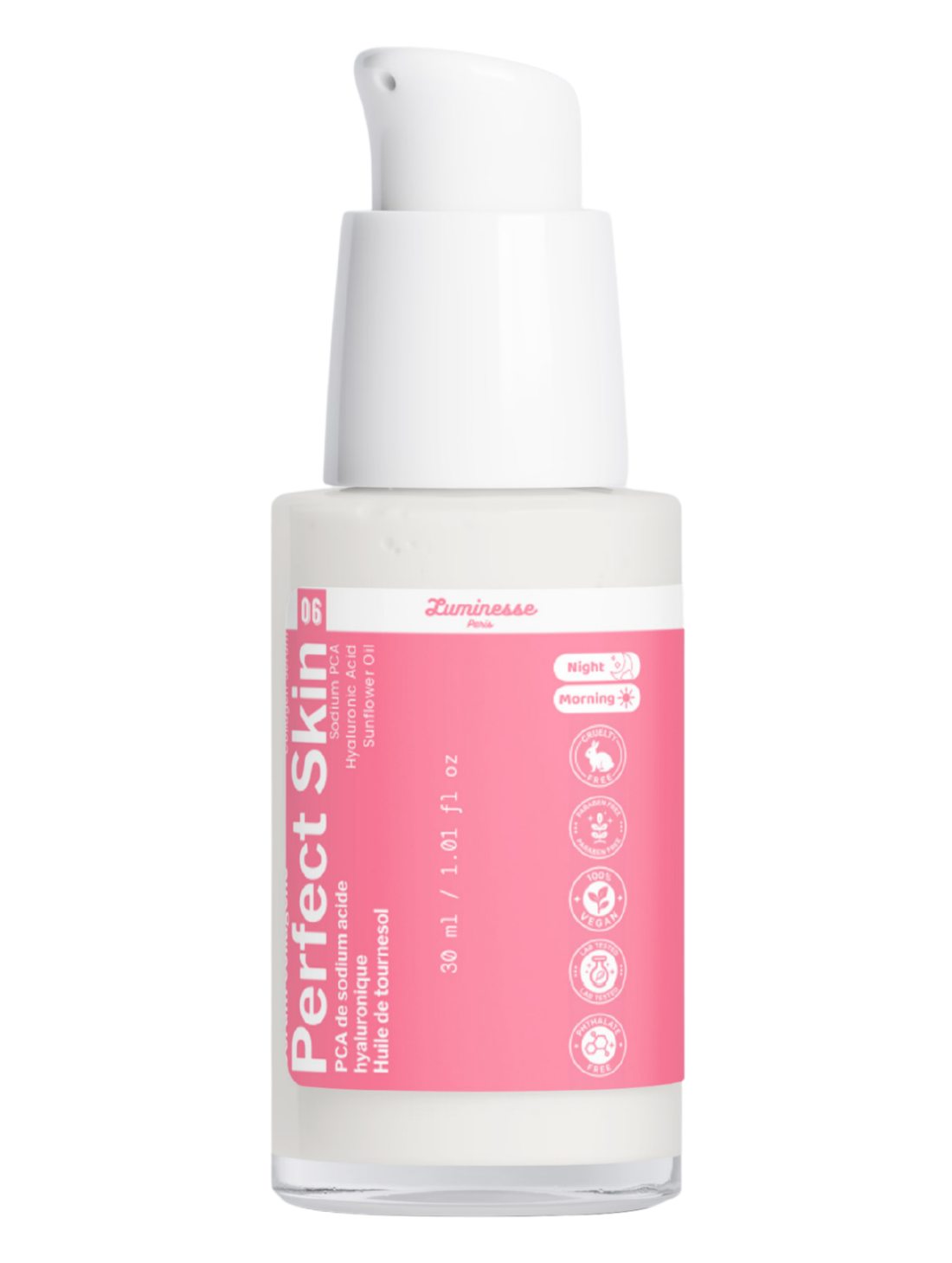 Packshot détouré de Perfect Skin n°06 de Luminesse Paris, sérum visage en flacon pompe de 30 ml avec étiquette rose. Le produit est présenté seul sur fond transparent ; le packaging mentionne le PCA de sodium, l’acide hyaluronique et l’huile de tournesol ainsi que les usages Morning et Night.
