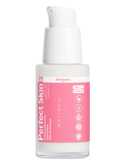 Packshot détouré de Perfect Skin n°06 de Luminesse Paris, sérum visage en flacon pompe de 30 ml avec étiquette rose. Le produit est présenté seul sur fond transparent ; le packaging mentionne le PCA de sodium, l’acide hyaluronique et l’huile de tournesol ainsi que les usages Morning et Night.