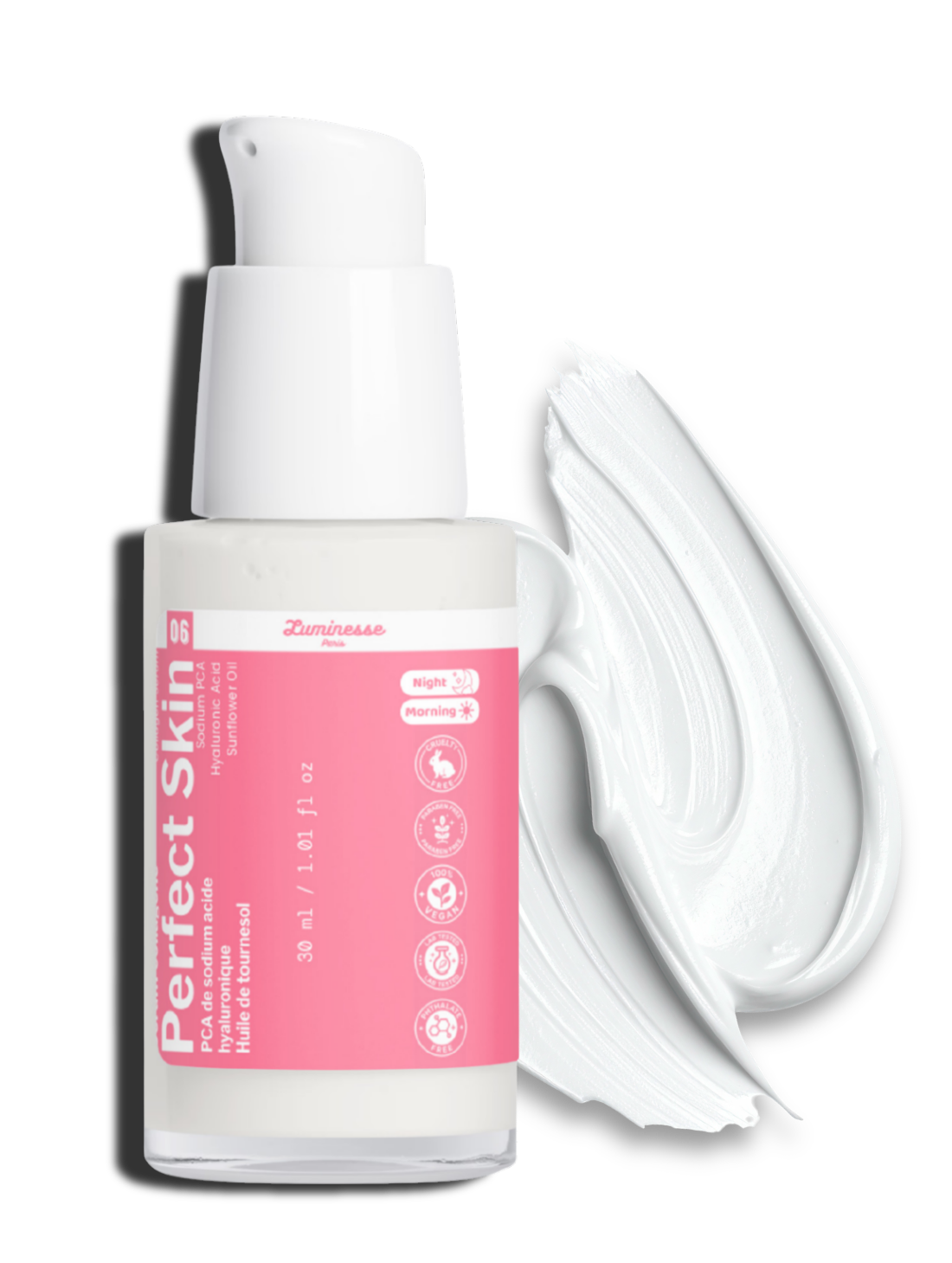 Visuel de présentation de Perfect Skin de Luminesse Paris, sérum hydratant pour le visage. L’image accompagne la fiche du soin formulé avec Sodium PCA, acide hyaluronique, huile de tournesol, cresson et sureau, destiné à compléter une routine axée sur l’hydratation et le confort.