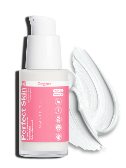 Visuel de présentation de Perfect Skin de Luminesse Paris, sérum hydratant pour le visage. L’image accompagne la fiche du soin formulé avec Sodium PCA, acide hyaluronique, huile de tournesol, cresson et sureau, destiné à compléter une routine axée sur l’hydratation et le confort.