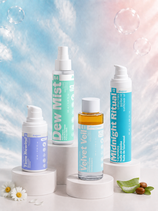 Visuel principal du Rituel Peaux Sensibles de Luminesse Paris réunissant Velvet Veil, Dew Mist, Time Rewind et Midnight Ritual. Cette routine visage associe démaquillage biphasé sans parfum, brume prébiotique, contour des yeux et crème de nuit aux céramides pour les peaux sensibles, réactives ou sujettes aux rougeurs.