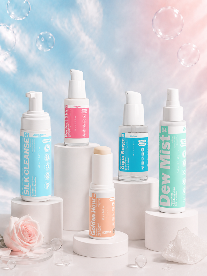 Visuel principal de la Routine Déshydratation de Luminesse Paris réunissant Silk Cleanse, Dew Mist, Perfect Skin, Aqua Surge et Golden Hour. Cette routine visage associe nettoyage doux, brume prébiotique, sérum repulpant, gel hydratant à l’acide hyaluronique et protection solaire SPF 50 pour les peaux déshydratées ou ternes.