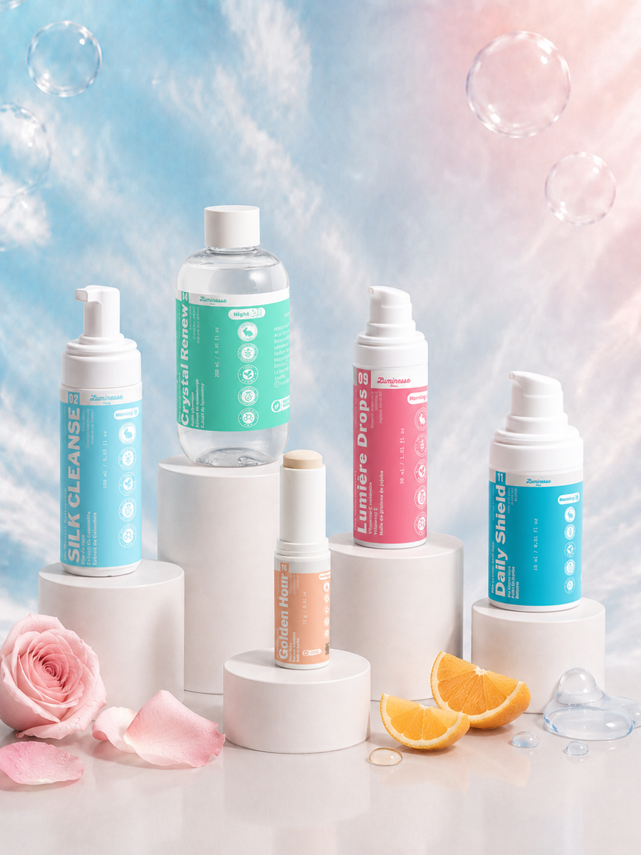 Visuel principal de la Routine Éclat & Teint terne de Luminesse Paris réunissant Silk Cleanse, Crystal Renew, Lumière Drops, Daily Shield et Golden Hour. Cette routine visage associe nettoyage, exfoliation à l’acide glycolique, sérum à la vitamine C, crème de jour hydratante et protection solaire SPF 50 pour soutenir l’éclat et l’uniformité du teint.