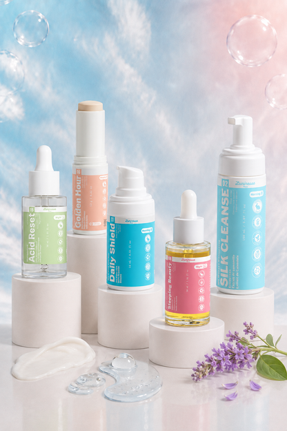 Visuel principal de la Routine Imperfections de Luminesse Paris réunissant cinq soins visage : Silk Cleanse, Acid Reset, Sleeping Beauty, Aqua Surge et Golden Hour. La routine associe nettoyage doux, peeling AHA, sérum-huile au bakuchiol, hydratation légère et protection solaire SPF 50 pour les peaux sujettes aux imperfections et au grain irrégulier.
