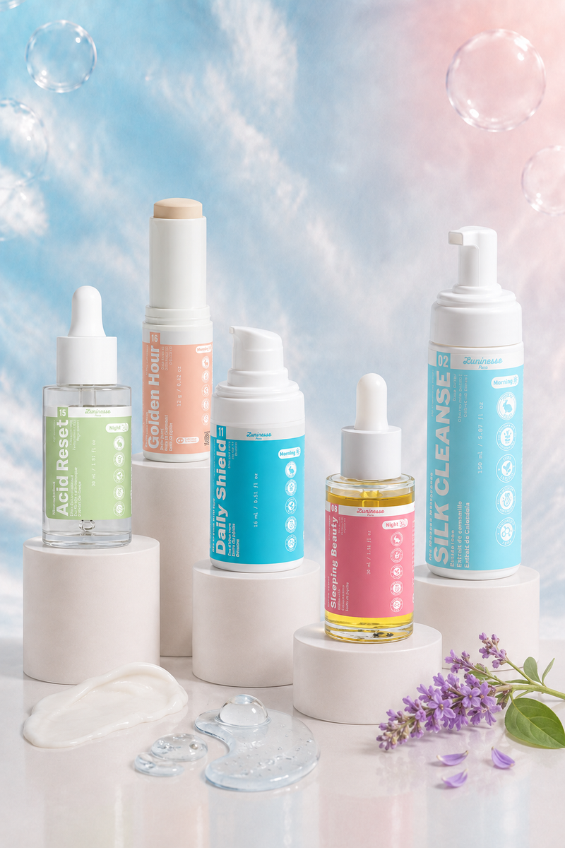 Visuel principal de la Routine Imperfections de Luminesse Paris réunissant cinq soins visage : Silk Cleanse, Acid Reset, Sleeping Beauty, Aqua Surge et Golden Hour. La routine associe nettoyage doux, peeling AHA, sérum-huile au bakuchiol, hydratation légère et protection solaire SPF 50 pour les peaux sujettes aux imperfections et au grain irrégulier.