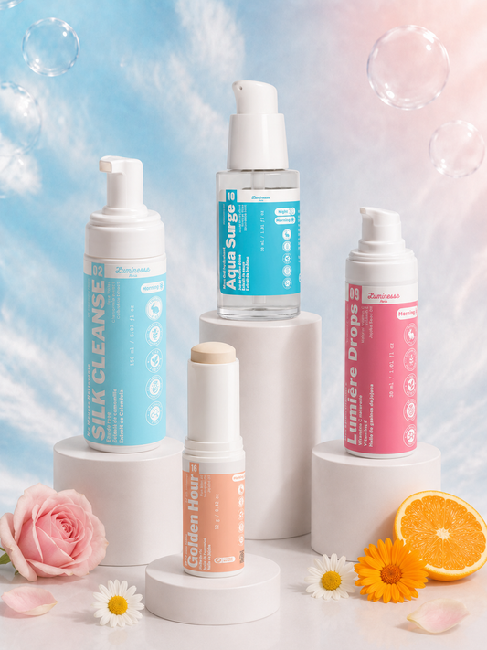 Morning Glow Ritual de Luminesse Paris, routine de quatre soins visage pour nettoyer, traiter, hydrater et protéger.