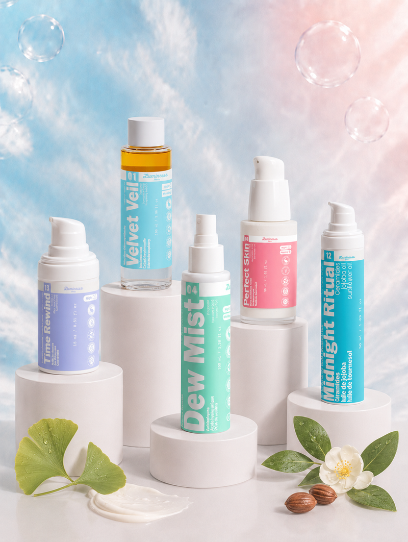 Visuel principal de la Routine Sensibilités & Rougeurs de Luminesse Paris réunissant Velvet Veil, Dew Mist, Perfect Skin, Midnight Ritual et Time Rewind. Cette routine visage sans acide ni rétinoïde associe démaquillage doux, brume prébiotique, sérum hydratant, crème de nuit aux céramides et contour des yeux pour les peaux sensibles ou sujettes aux rougeurs.