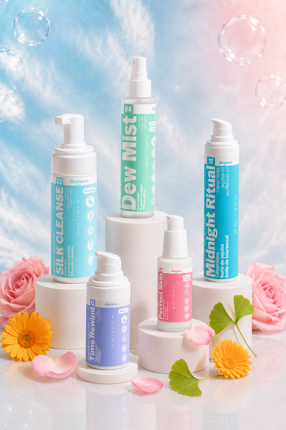 Visuel principal de la Routine Premiers signes de l’âge de Luminesse Paris réunissant Silk Cleanse, Dew Mist, Forever Young, Midnight Ritual et Time Rewind. Cette routine visage associe nettoyage, brume prébiotique, sérum aux peptides, crème de nuit aux céramides et contour des yeux pour accompagner l’apparence des premières ridules et la fermeté.