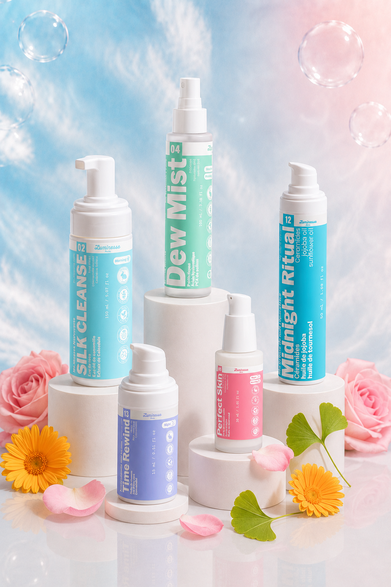 Visuel principal de la Routine Premiers signes de l’âge de Luminesse Paris réunissant Silk Cleanse, Dew Mist, Forever Young, Midnight Ritual et Time Rewind. Cette routine visage associe nettoyage, brume prébiotique, sérum aux peptides, crème de nuit aux céramides et contour des yeux pour accompagner l’apparence des premières ridules et la fermeté.