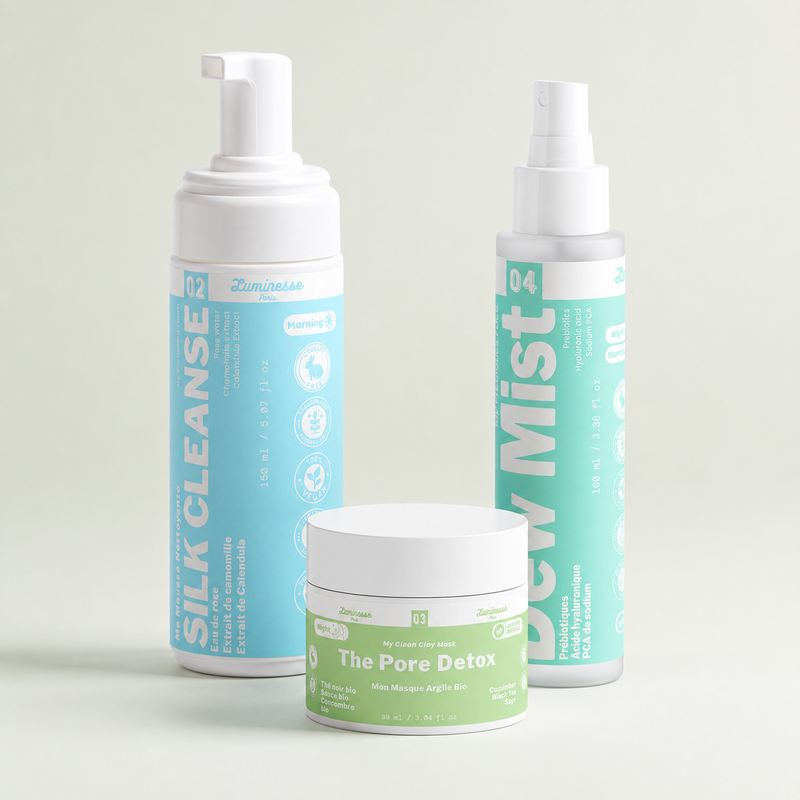 Visuel du Trio Pore Detox de Luminesse Paris réunissant Silk Cleanse, Pore Detox et Dew Mist. La routine associe nettoyage doux, masque purifiant à l’argile et brume hydratante prébiotique pour illustrer un rituel visage en trois étapes ciblant notamment les pores visibles et l’excès de sébum.