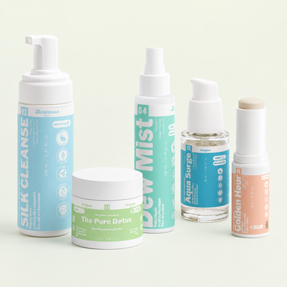 Visuel du Quintet Pore Detox de Luminesse Paris réunissant cinq soins visage : Silk Cleanse, Pore Detox, Dew Mist, Aqua Surge et Golden Hour. La routine associe nettoyage, masque purifiant à l’argile, brume hydratante, soin à l’acide hyaluronique et protection solaire SPF 50.