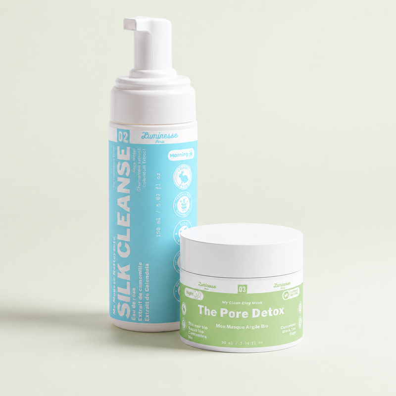 Visuel du Duo Pore Detox de Luminesse Paris réunissant Silk Cleanse et Pore Detox. La routine associe une mousse nettoyante douce pour le visage et un masque purifiant à l’argile, afin d’illustrer un rituel en deux étapes destiné notamment aux peaux sujettes aux pores visibles et à l’excès de sébum.