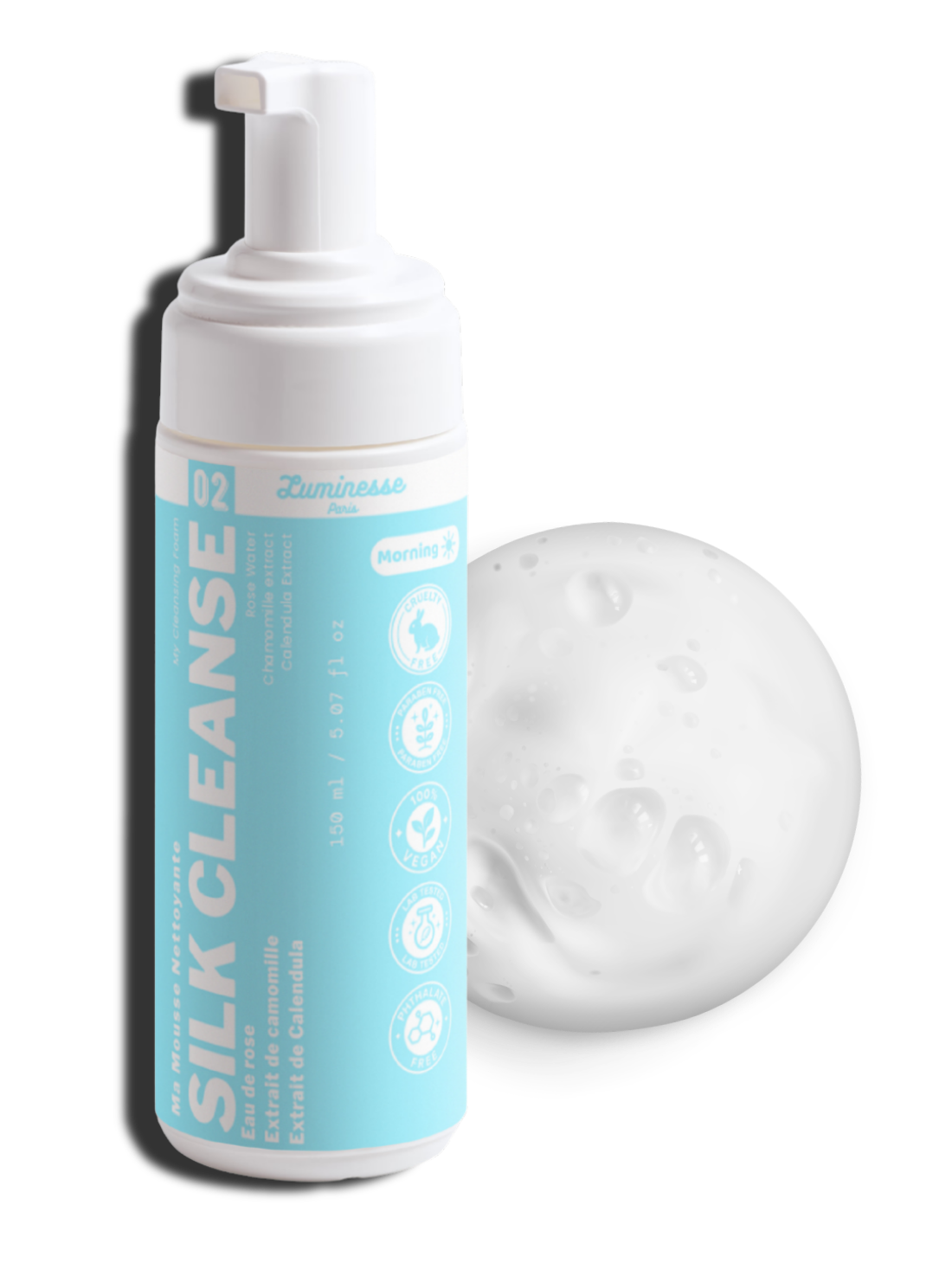Visuel de présentation de Silk Cleanse de Luminesse Paris, mousse nettoyante douce pour le visage. L’image accompagne la fiche produit et met en contexte sa formule associant notamment eau florale de rose, camomille et calendula pour le nettoyage quotidien.