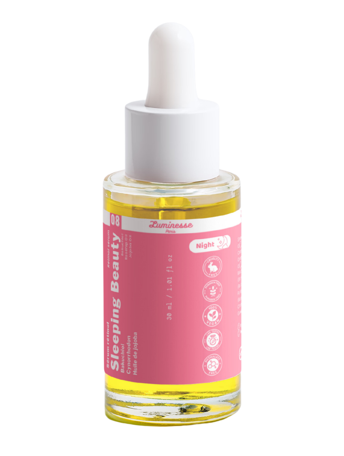 Packshot détouré de Sleeping Beauty n°08 de Luminesse Paris, flacon compte-gouttes de 30 ml contenant une huile jaune. Le soin est présenté seul sur fond transparent avec une étiquette rose, un compte-gouttes blanc et la mention Night visible sur le packaging.