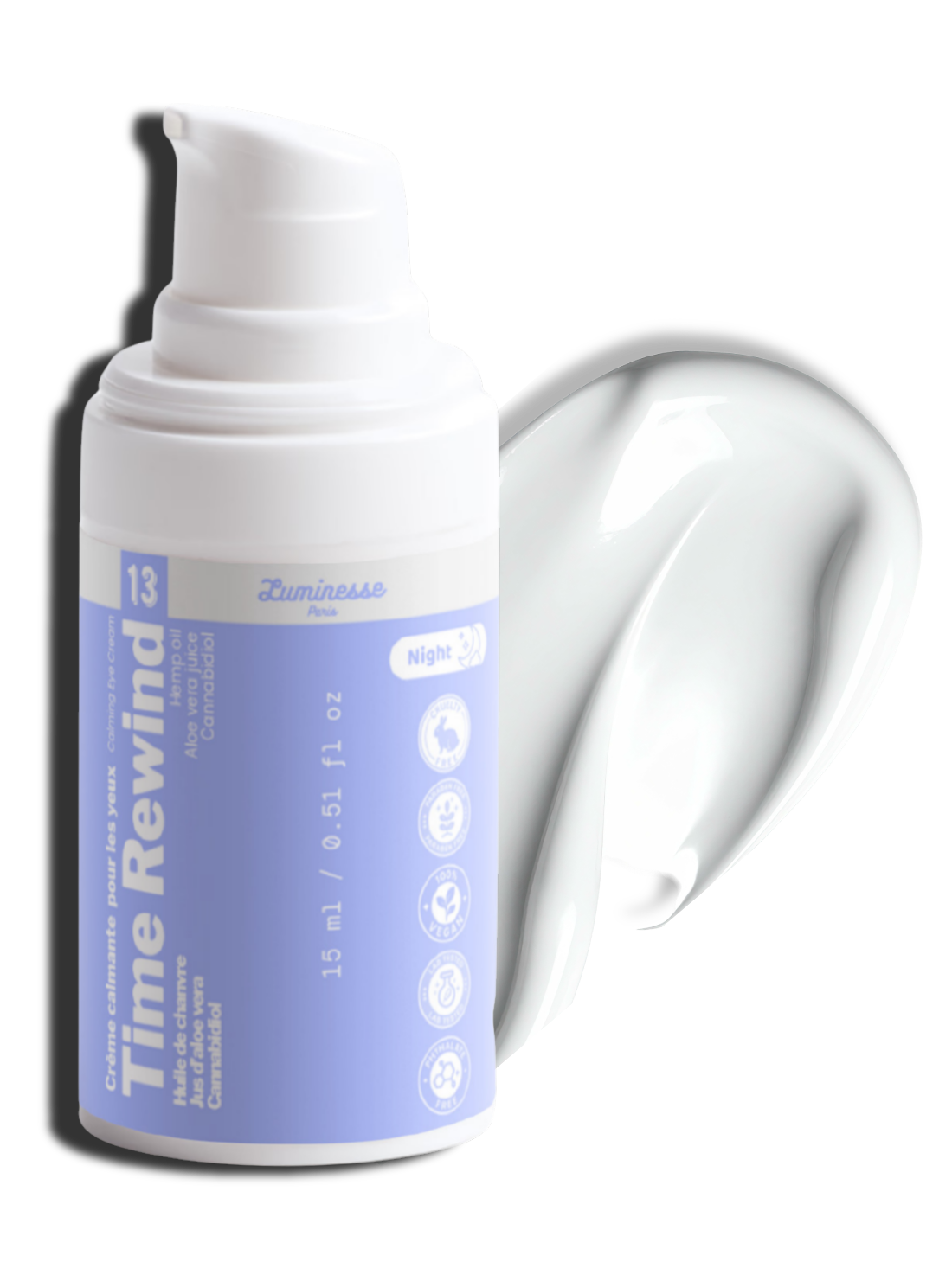 Visuel de présentation de Time Rewind de Luminesse Paris, soin contour des yeux formulé avec 1 % de cannabidiol. L’image accompagne la fiche du produit et met en contexte sa formule associant notamment aloe vera, acide hyaluronique, Sodium PCA, vigne, marron d’Inde et ginkgo biloba.