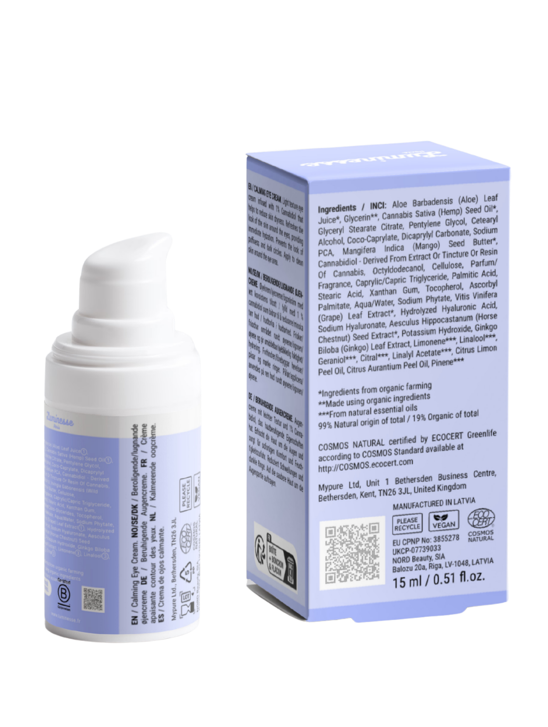 Vue arrière de Time Rewind n°13 de Luminesse Paris avec son flacon pompe de 15 ml et son étui lavande sur fond transparent. Le dos du packaging présente la description de la crème contour des yeux, la liste INCI, un QR code ainsi que les pictogrammes Vegan et COSMOS Natural.