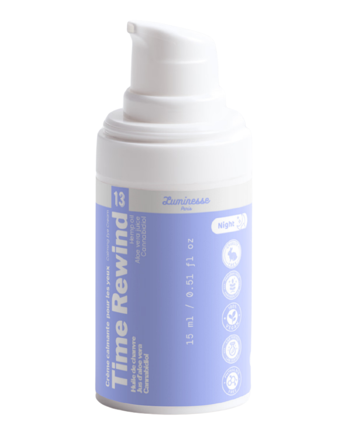Packshot détouré de Time Rewind n°13 de Luminesse Paris, crème contour des yeux en flacon pompe blanc de 15 ml avec étiquette lavande. Le produit est présenté seul sur fond transparent ; les mentions huile de chanvre, jus d’aloe vera, cannabidiol et Night sont visibles sur le packaging.
