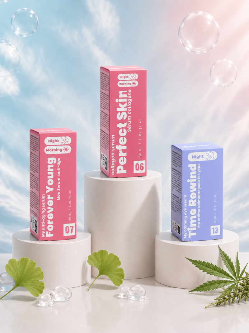 Trio Expert Anti-Âge de Luminesse Paris, deux sérums visage et un soin contour des yeux.