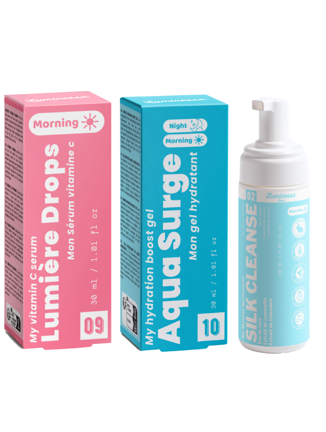 Visuel de galerie du Trio Glow Starter de Luminesse Paris, routine de trois soins pour nettoyer, illuminer et hydrater le visage.