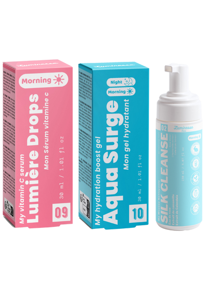 Visuel de galerie du Trio Glow Starter de Luminesse Paris, routine de trois soins pour nettoyer, illuminer et hydrater le visage.