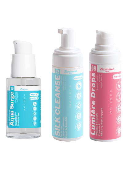 Image complémentaire du Trio Glow Starter de Luminesse Paris, rituel visage en trois étapes autour de l’éclat et de l’hydratation.