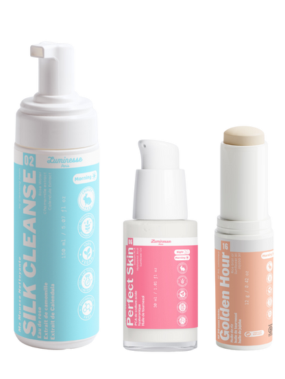 Visuel de galerie du Trio Rituel Matin de Luminesse Paris, routine de trois soins pour nettoyer, illuminer et protéger le visage.