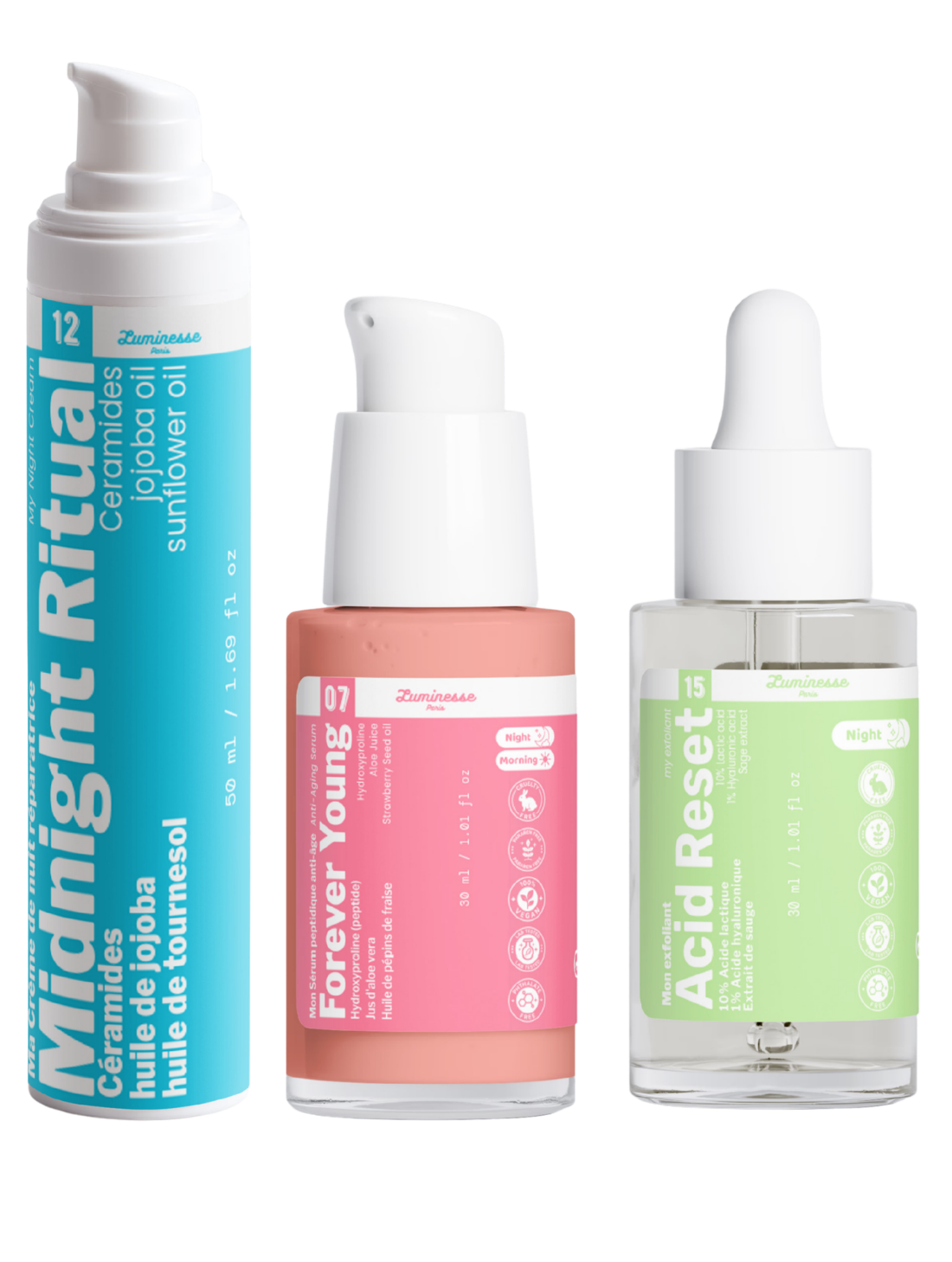 Image complémentaire du Trio Rituel Nuit Expert de Luminesse Paris, rituel visage nocturne en trois soins.