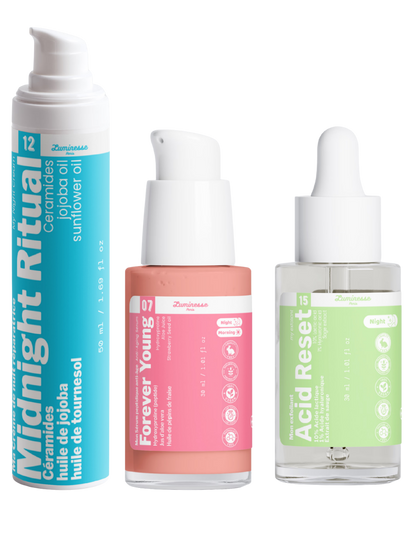 Image complémentaire du Trio Rituel Nuit Expert de Luminesse Paris, rituel visage nocturne en trois soins.