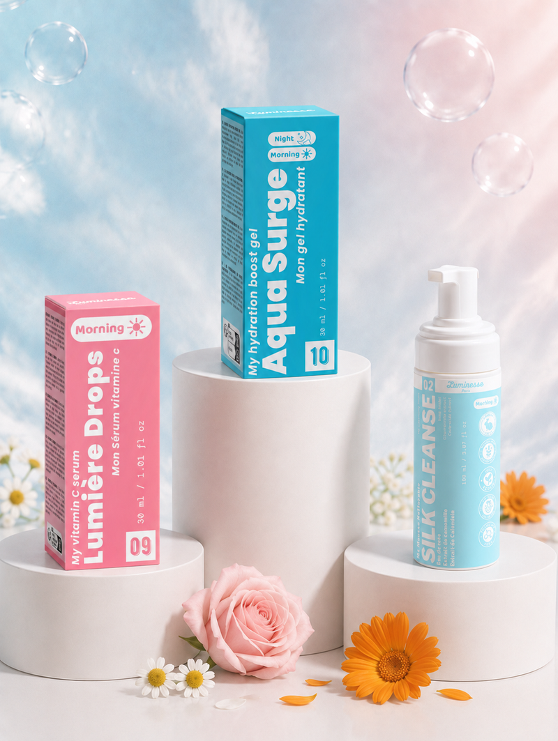 Trio Glow Starter de Luminesse Paris, routine de trois soins visage pour nettoyer, illuminer et hydrater.