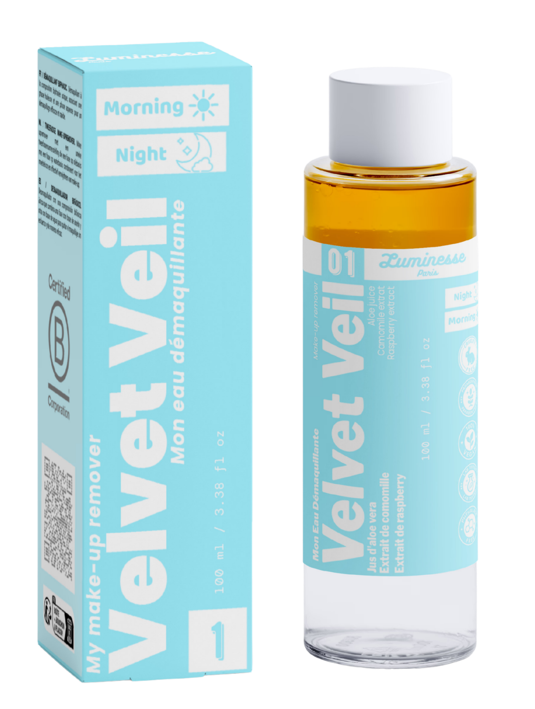 Packshot de Velvet Veil n°01 de Luminesse Paris avec son étui turquoise et son flacon biphasé de 100 ml. La boîte et le flacon sont présentés côte à côte sur fond transparent ; la phase ambrée est visible dans le flacon, avec les mentions Morning, Night, aloe vera, camomille et framboise sur le packaging.