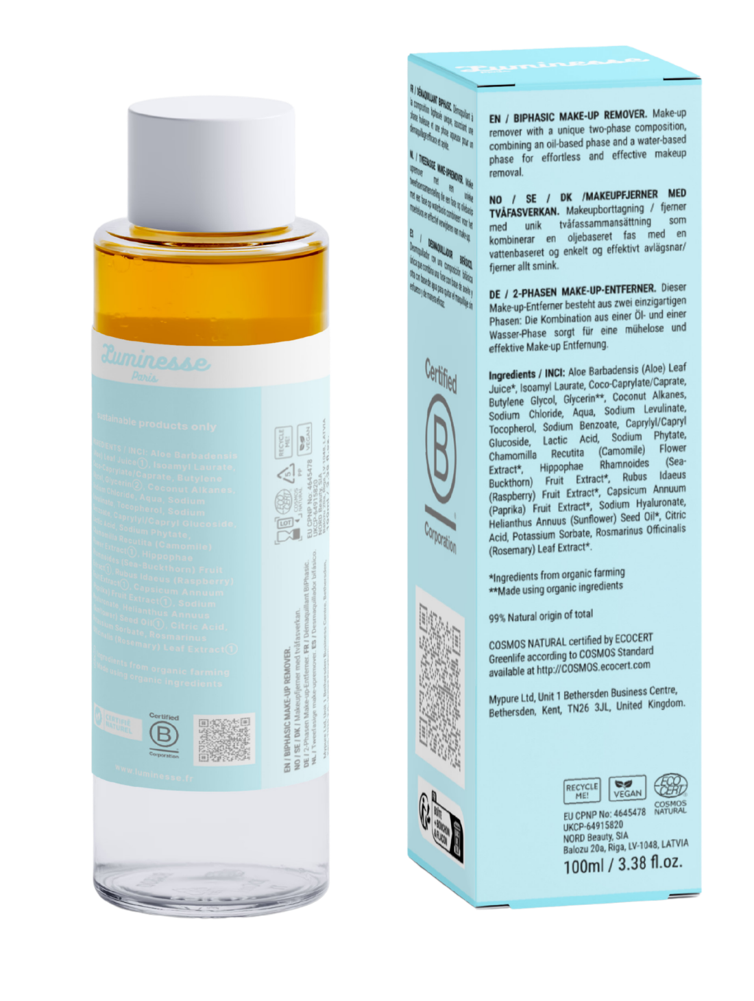 Vue arrière de Velvet Veil n°01 de Luminesse Paris avec son flacon biphasé de 100 ml et son étui turquoise sur fond transparent. Le dos du packaging présente la description du démaquillant biphasé, la liste INCI, un QR code, la certification B Corporation, les pictogrammes Vegan et COSMOS Natural ainsi que les consignes de recyclage.