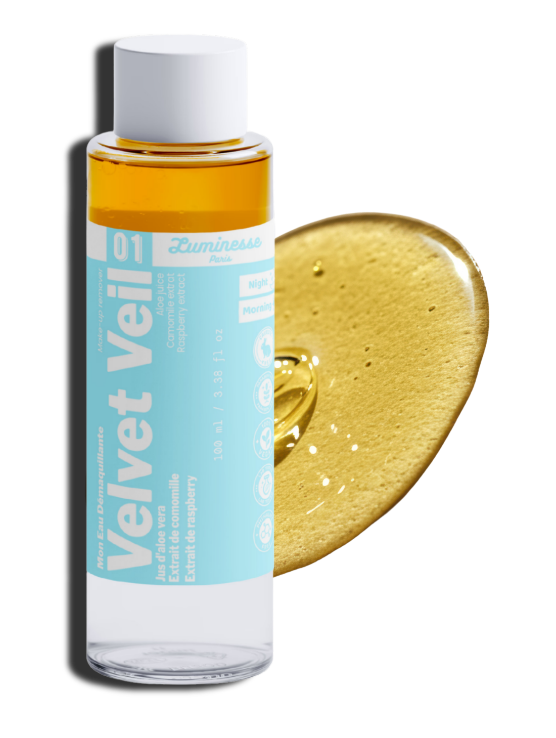 Visuel de Velvet Veil de Luminesse Paris, démaquillant biphasé sans parfum pour le visage et les yeux. L’image accompagne la présentation du soin nettoyant conçu pour retirer le maquillage et compléter la première étape d’une routine de double nettoyage.