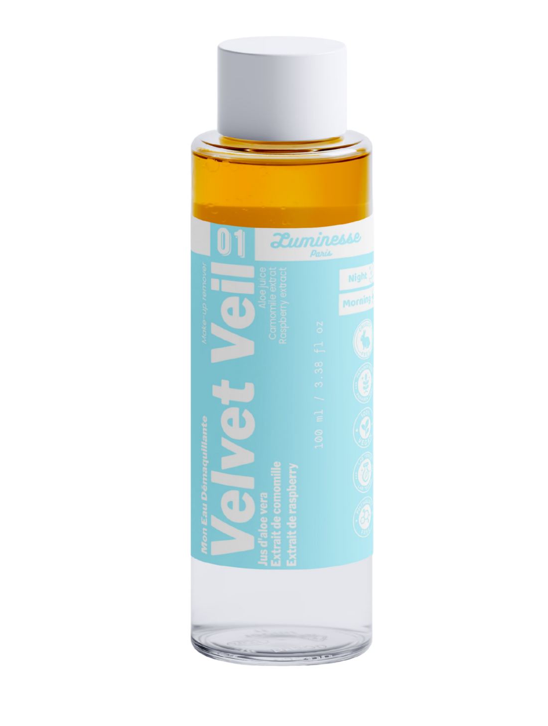 Packshot détouré de Velvet Veil n°01 de Luminesse Paris, eau démaquillante biphasée de 100 ml dans un flacon transparent à étiquette turquoise et bouchon blanc. Les deux phases du soin sont visibles, avec une phase ambrée au-dessus ; l’étiquette mentionne aloe vera, camomille et framboise ainsi que Morning et Night.